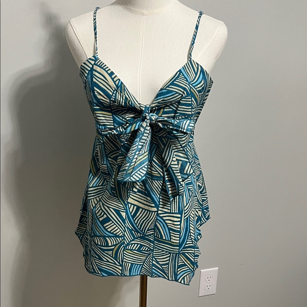 New York & Company Teal and Cream Tie-Front Cami Top